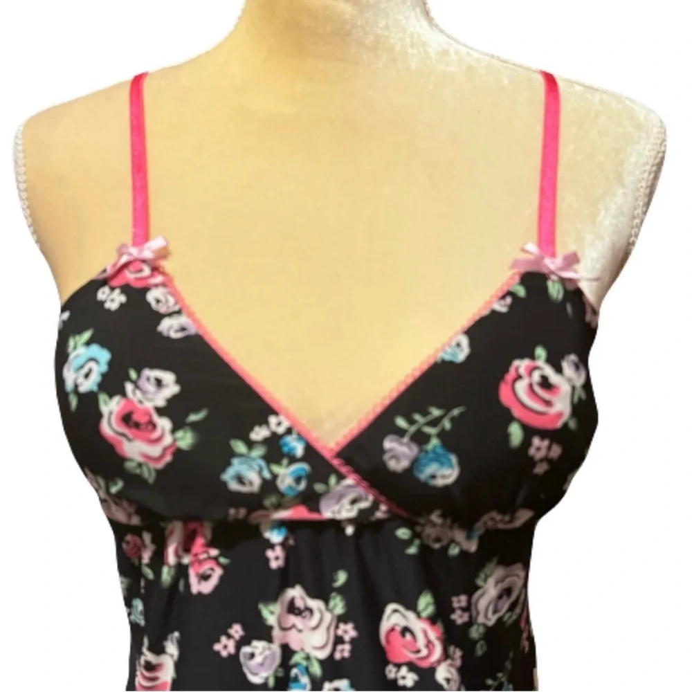 Y2K Black Floral Babydoll Slip Dress XS Cottagecore Grunge Lingerie Aesthetic